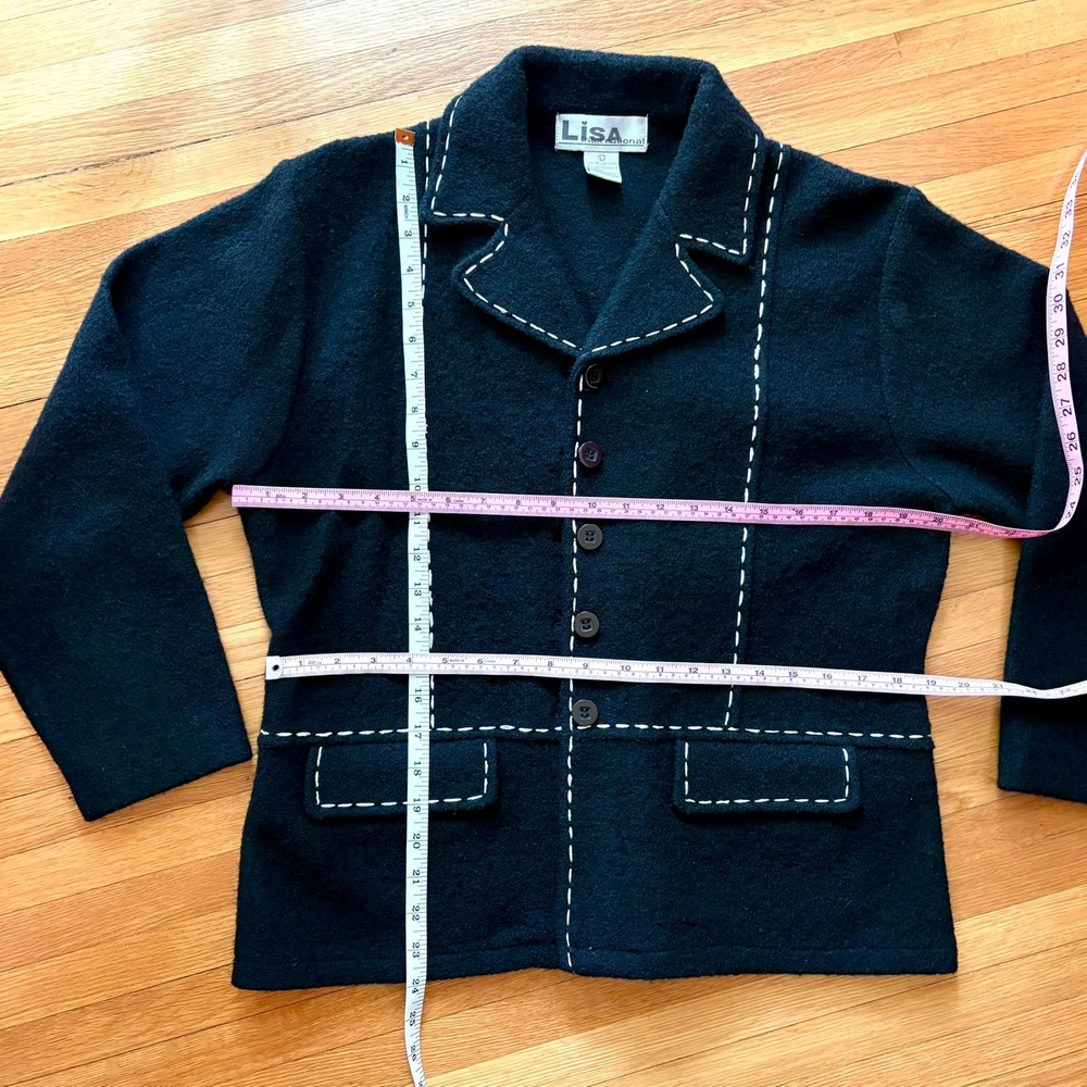 Vintage Lisa International Black Boiled Wool Jacket M Contrast Stitch Monochrome - Picture 7 of 9